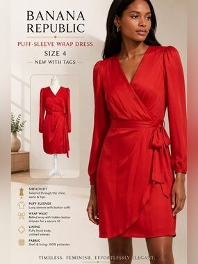 Banana Republic Red Satin Wrap Dress 4 NWT Puff Sleeve Mini Wedding Guest